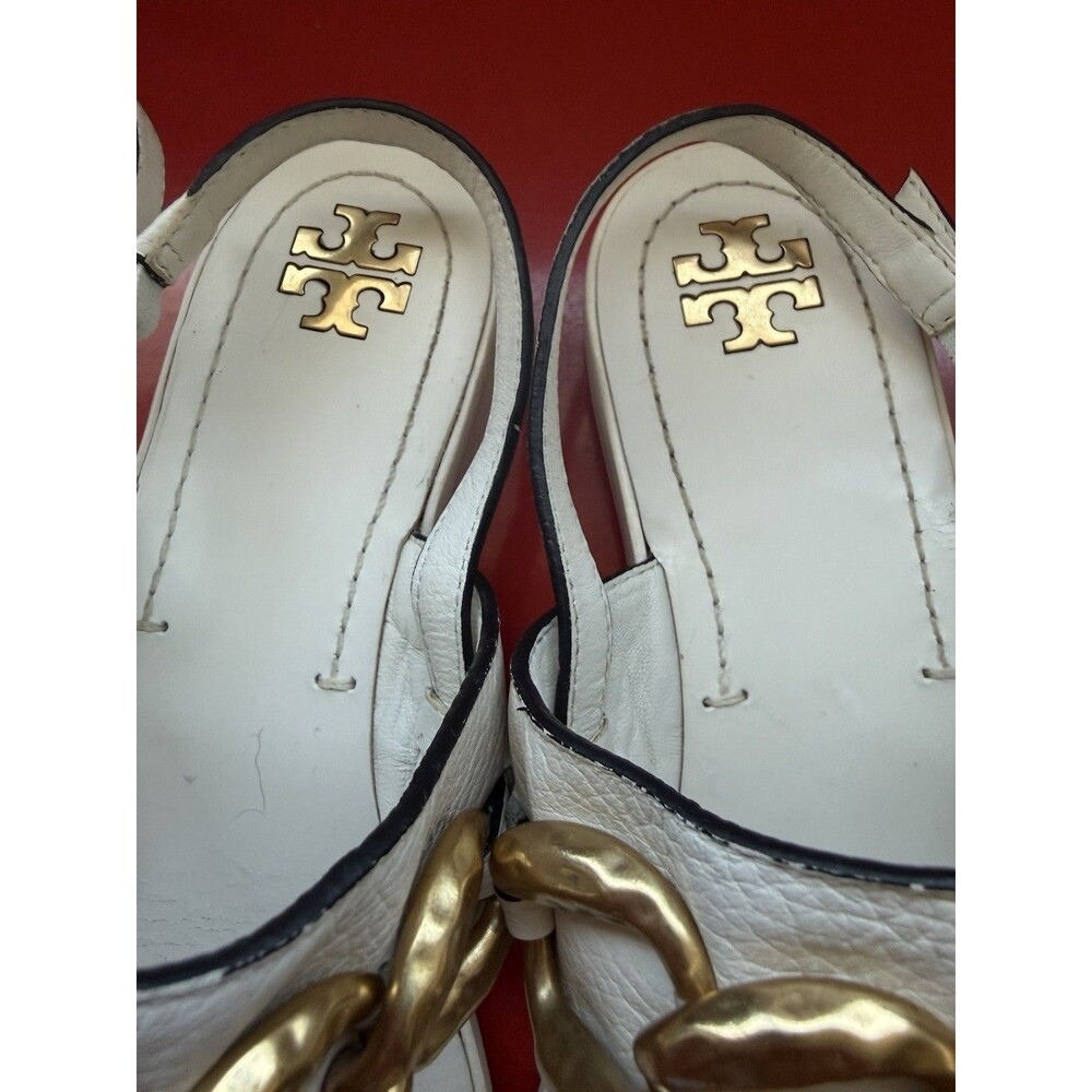 Tory Burch Adrien Chain Sandal Ivory Leather Gold Medallion Size 8M Casual - Picture 2 of 11